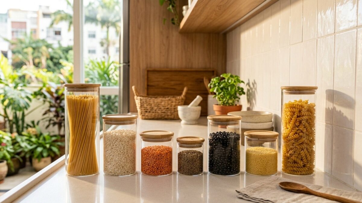 Bancada de cozinha iluminada com conjunto de potes herméticos de vidro com tampas de bambu e alimentos armazenados