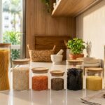 Bancada de cozinha iluminada com conjunto de potes herméticos de vidro com tampas de bambu e alimentos armazenados