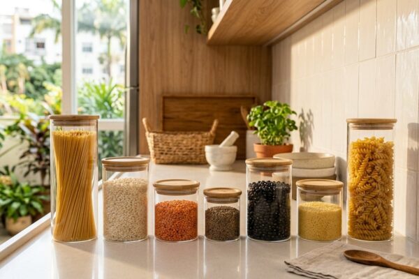 Bancada de cozinha iluminada com conjunto de potes herméticos de vidro com tampas de bambu e alimentos armazenados