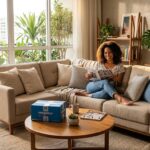Sala de estar moderna e aconchegante com sofá confortável, mesa de centro e caixa de entrega azul do Magazine Luiza