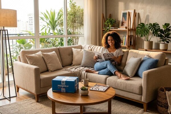 Sala de estar moderna e aconchegante com sofá confortável, mesa de centro e caixa de entrega azul do Magazine Luiza