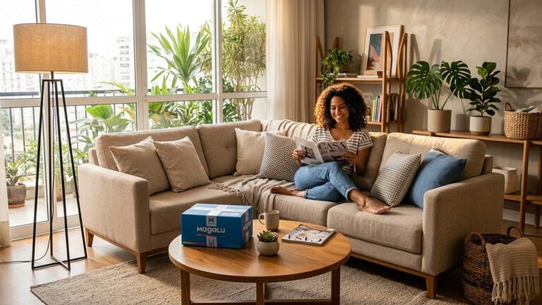 Sala de estar moderna e aconchegante com sofá confortável, mesa de centro e caixa de entrega azul do Magazine Luiza