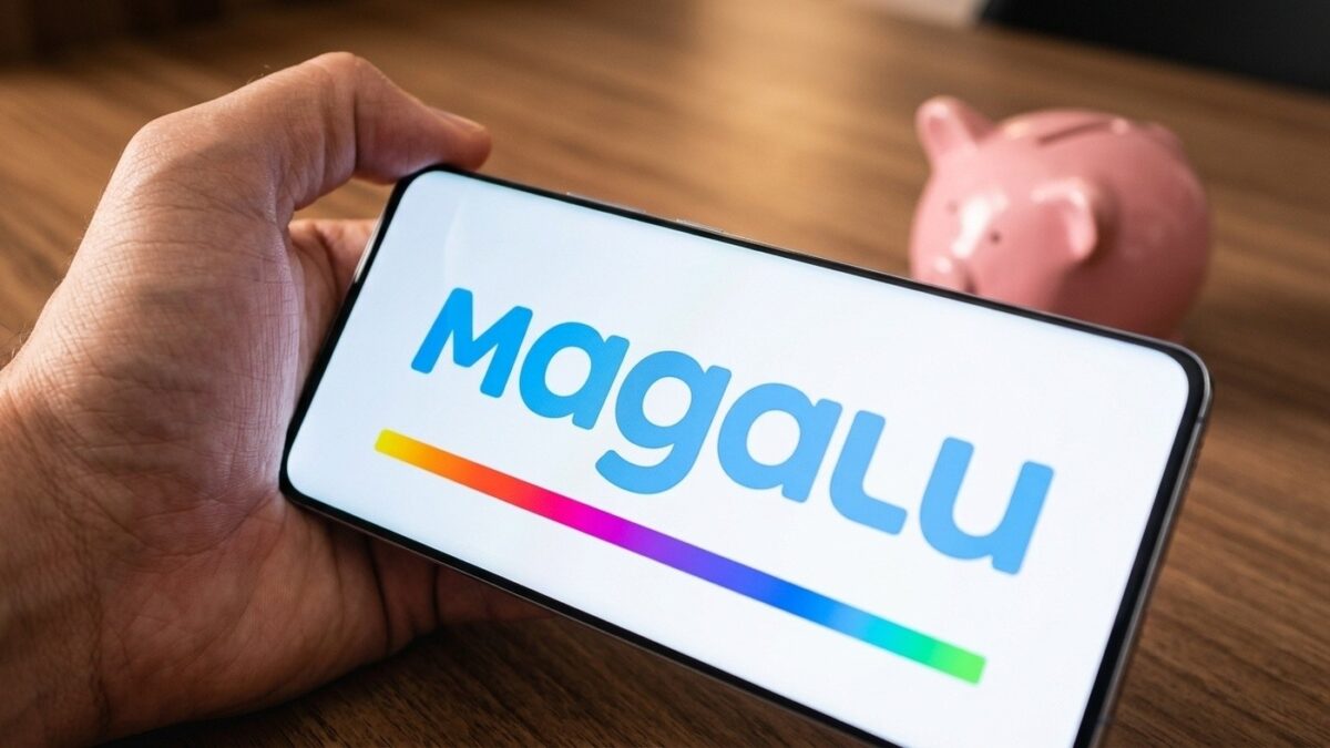 Mão segurando smartphone com aplicativo do Magazine Luiza aberto sobre mesa de madeira