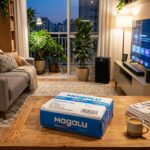 Sala de estar aconchegante com caixa de entrega do Magalu na mesa de centro