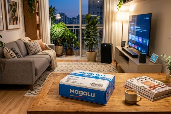 Sala de estar aconchegante com caixa de entrega do Magalu na mesa de centro