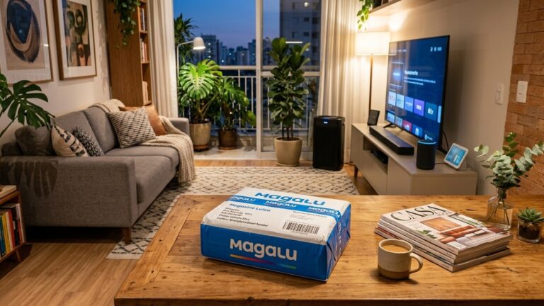 Sala de estar aconchegante com caixa de entrega do Magalu na mesa de centro