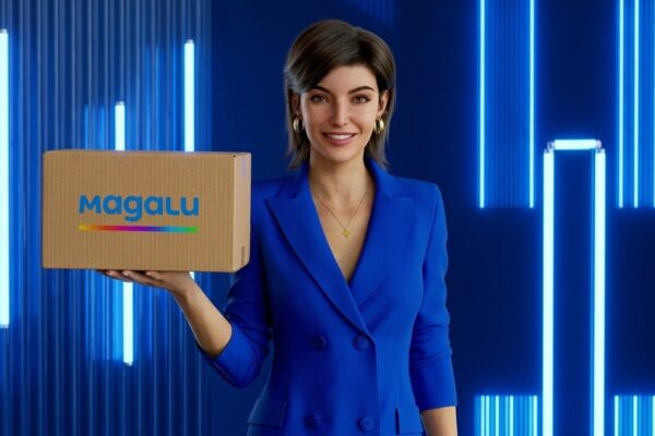 Lu do Magalu de blazer segurando caixa de encomenda em ambiente moderno