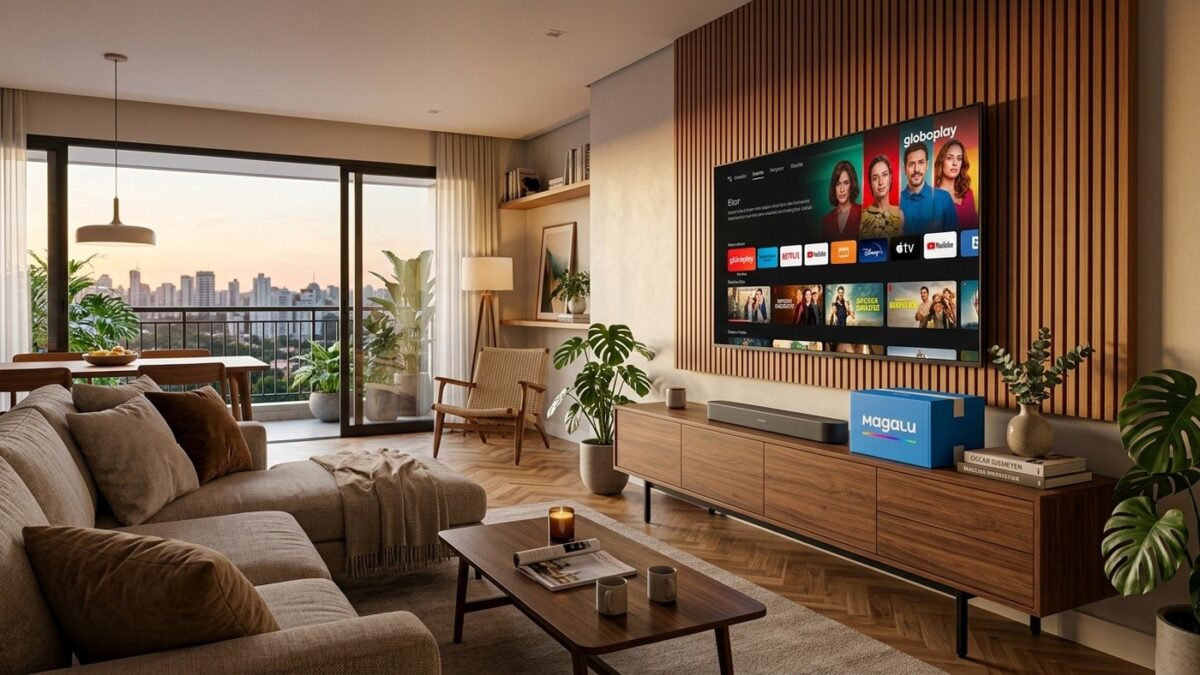 Sala moderna com smart TV elegante e caixa de entrega do Magazine Luiza