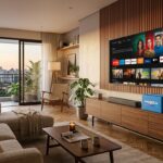 Sala moderna com smart TV elegante e caixa de entrega do Magazine Luiza
