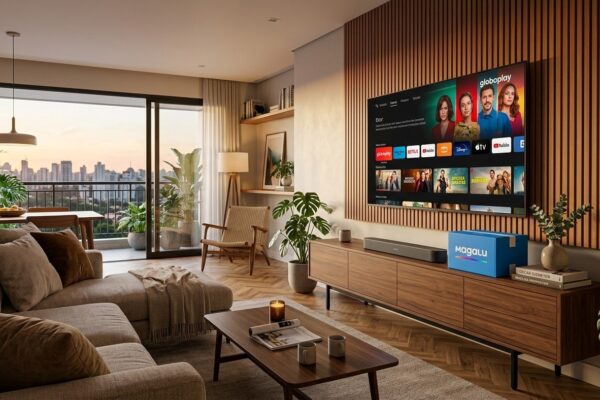 Sala moderna com smart TV elegante e caixa de entrega do Magazine Luiza