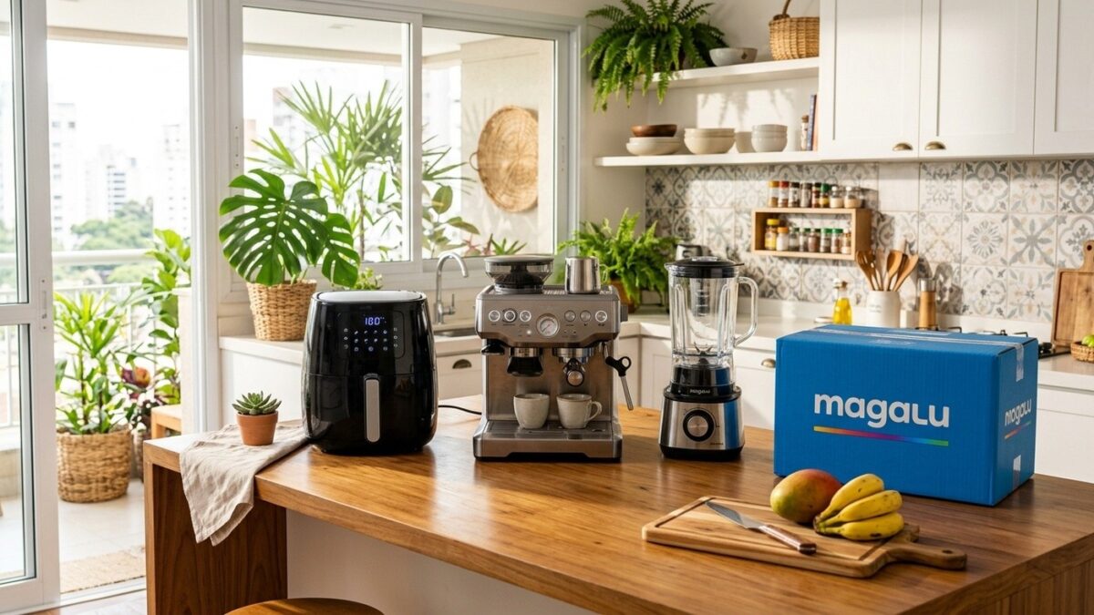 Cozinha moderna com fritadeira air fryer, cafeteira expresso e caixa de entrega do Magalu