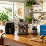 Cozinha moderna com fritadeira air fryer, cafeteira expresso e caixa de entrega do Magalu
