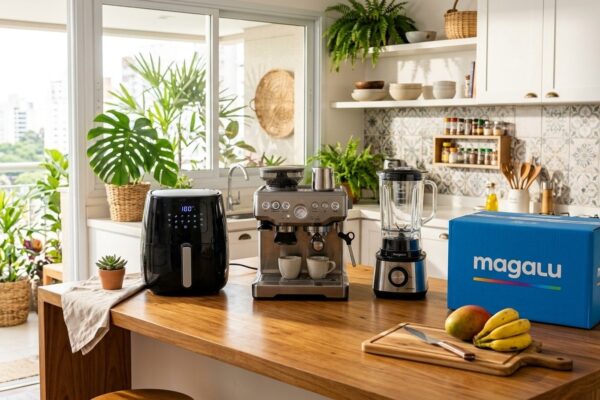 Cozinha moderna com fritadeira air fryer, cafeteira expresso e caixa de entrega do Magalu