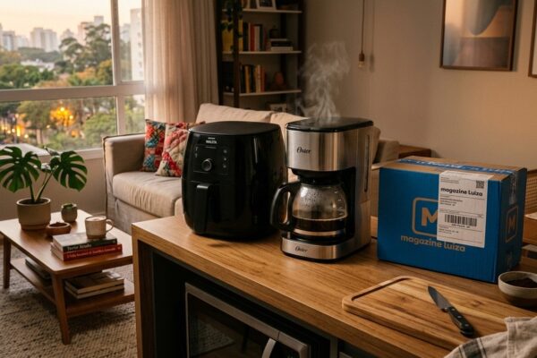 Cozinha e sala aconchegante com eletroportáteis e caixa de entrega do Magazine Luiza