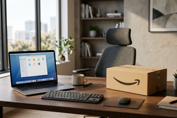 Notebook moderno e caixa de entrega da Amazon sobre mesa de escritório durante a Mega Oferta Prime