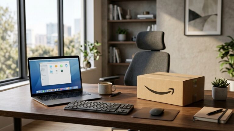 Notebook moderno e caixa de entrega da Amazon sobre mesa de escritório durante a Mega Oferta Prime