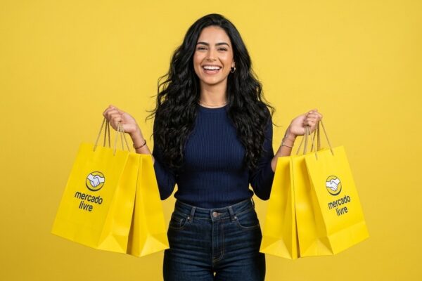 Mulher sorridente segurando sacolas amarelas de compras do Mercado Livre em fundo amarelo