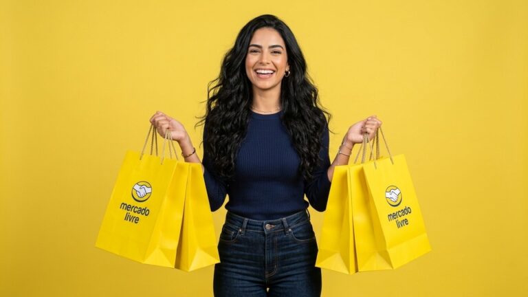 Mulher sorridente segurando sacolas amarelas de compras do Mercado Livre em fundo amarelo