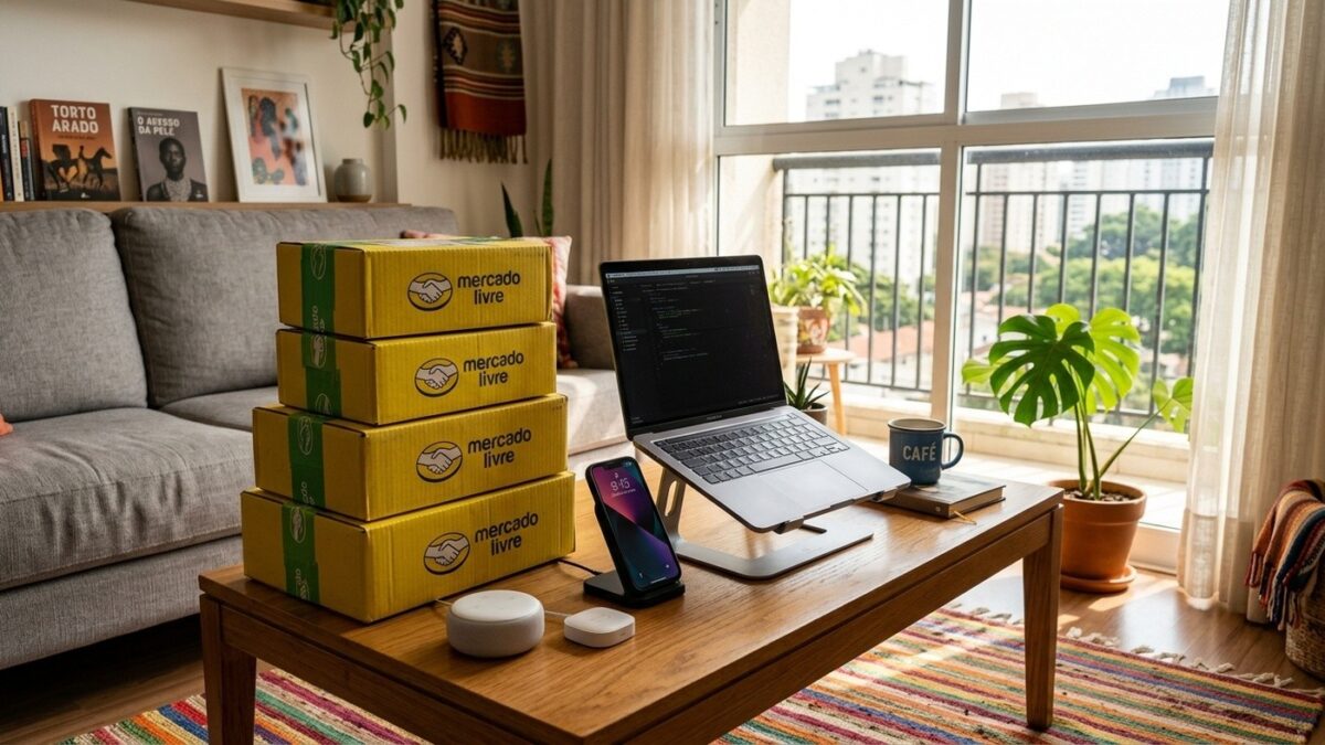Pilha de caixas amarelas do Mercado Livre sobre mesa de centro com notebook aberto e smartphone ao lado