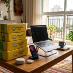 Pilha de caixas amarelas do Mercado Livre sobre mesa de centro com notebook aberto e smartphone ao lado
