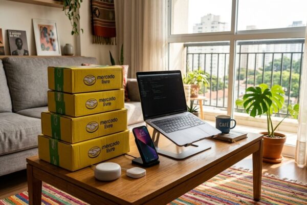 Pilha de caixas amarelas do Mercado Livre sobre mesa de centro com notebook aberto e smartphone ao lado