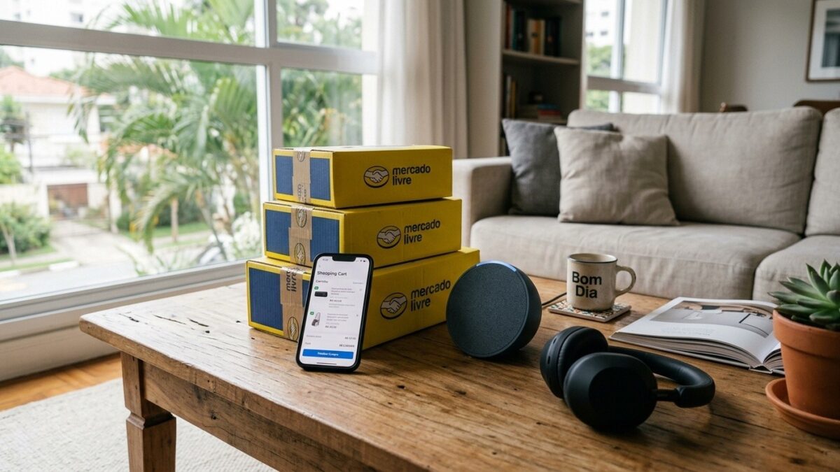 Pilha de caixas amarelas do Mercado Livre sobre mesa ao lado de smartphone, fone de ouvido e caixa de som inteligente