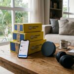 Pilha de caixas amarelas do Mercado Livre sobre mesa ao lado de smartphone, fone de ouvido e caixa de som inteligente