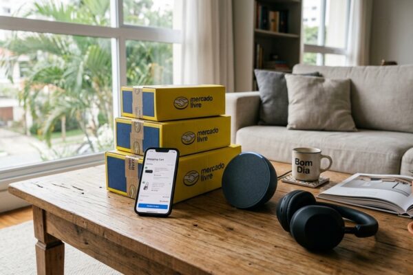 Pilha de caixas amarelas do Mercado Livre sobre mesa ao lado de smartphone, fone de ouvido e caixa de som inteligente