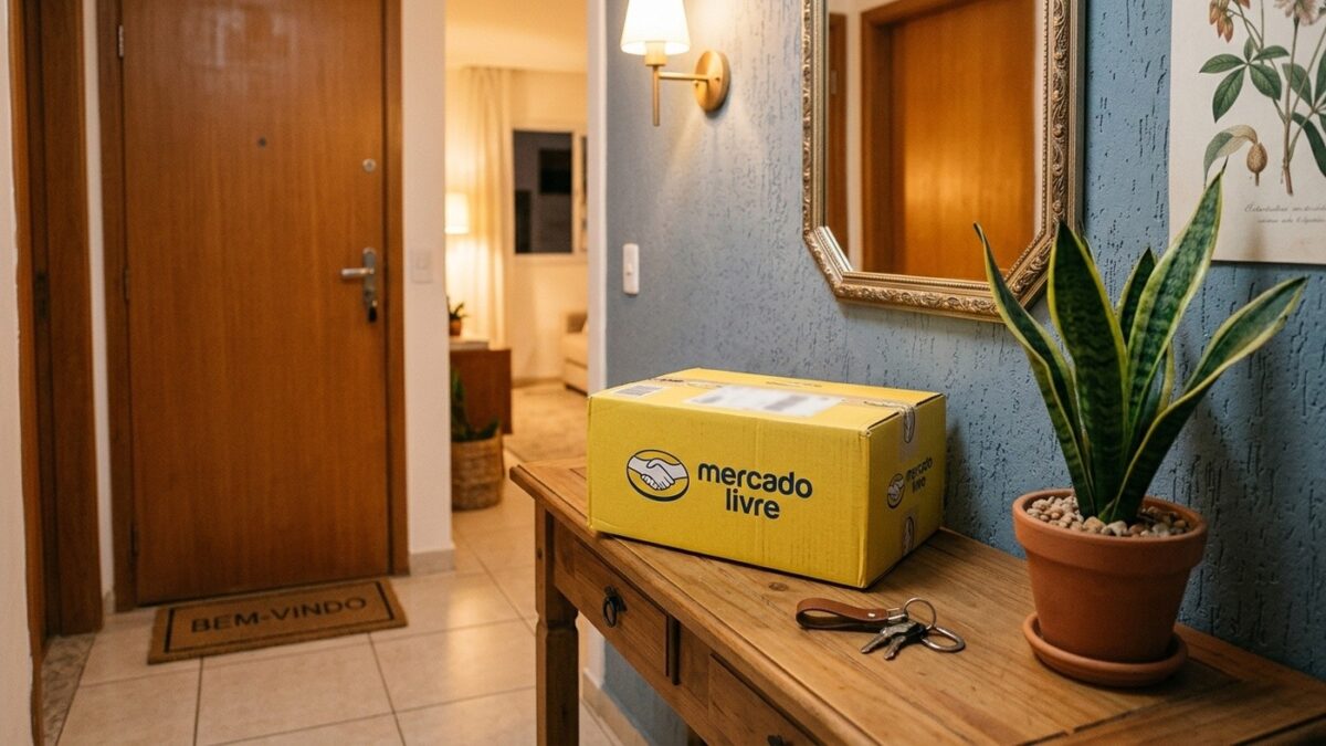 Pacote de entrega do Mercado Livre em aparador de entrada em apartamento