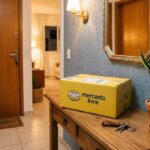 Pacote de entrega do Mercado Livre em aparador de entrada em apartamento