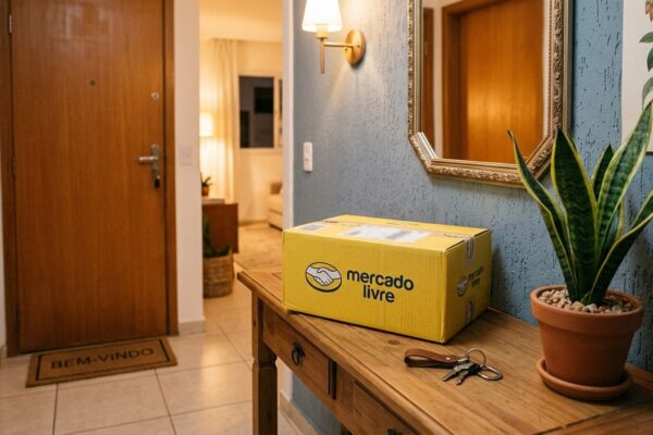Pacote de entrega do Mercado Livre em aparador de entrada em apartamento