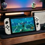 Console de videogame em setup gamer com controle e jogo de aventura em destaque
