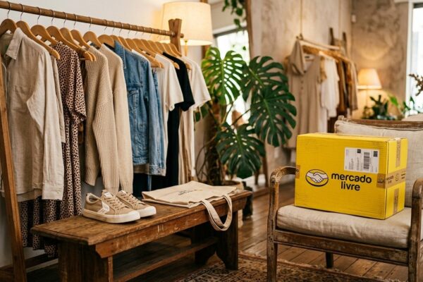 Arara de roupas moderna com vestidos e casacos ao lado de banco com tênis e caixa amarela do Mercado Livre