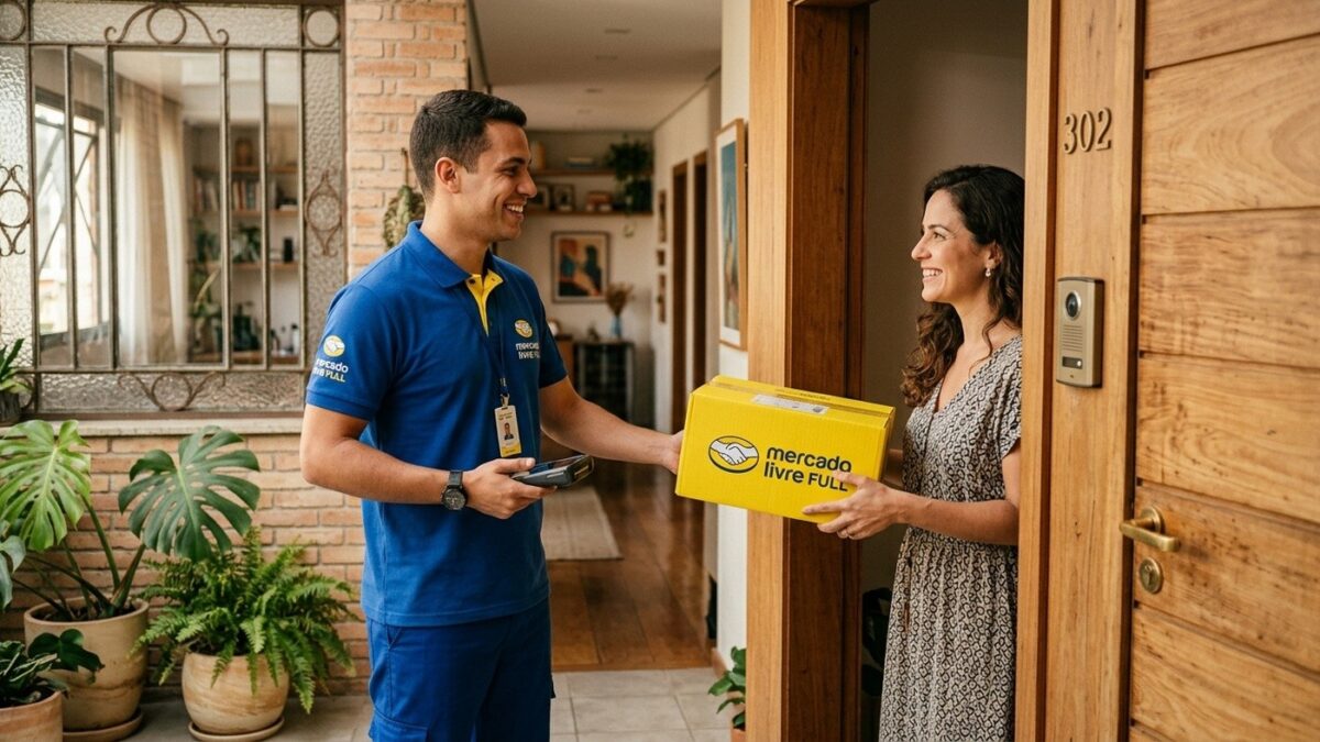 Entregador entregando pacote amarelo do Mercado Livre Full para cliente na porta de apartamento