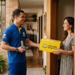 Entregador entregando pacote amarelo do Mercado Livre Full para cliente na porta de apartamento