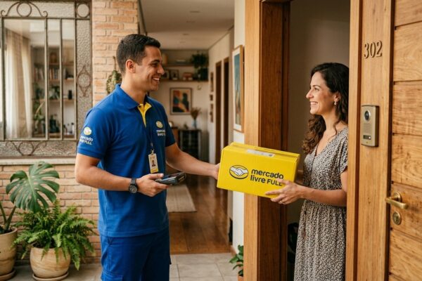Entregador entregando pacote amarelo do Mercado Livre Full para cliente na porta de apartamento