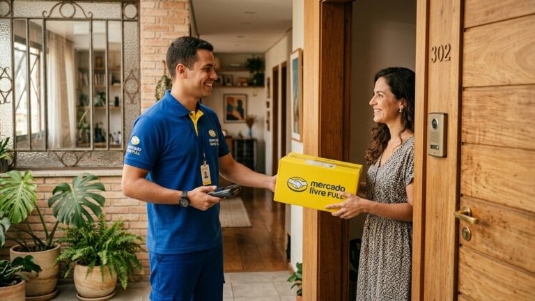 Entregador entregando pacote amarelo do Mercado Livre Full para cliente na porta de apartamento