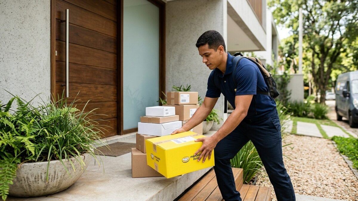 Entregador organizando caixas amarelas de encomenda do Mercado Livre na entrada de uma residência