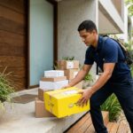 Entregador organizando caixas amarelas de encomenda do Mercado Livre na entrada de uma residência