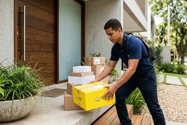 Entregador organizando caixas amarelas de encomenda do Mercado Livre na entrada de uma residência
