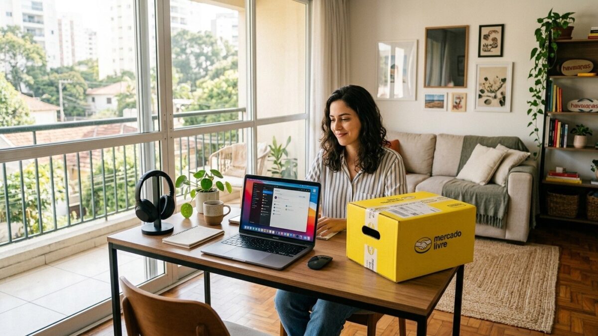 Mulher trabalhando em notebook com caixa de entrega do Mercado Livre sobre a mesa