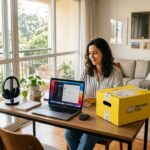 Mulher trabalhando em notebook com caixa de entrega do Mercado Livre sobre a mesa
