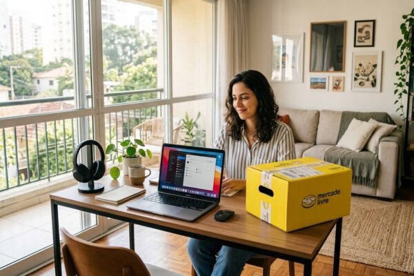 Mulher trabalhando em notebook com caixa de entrega do Mercado Livre sobre a mesa