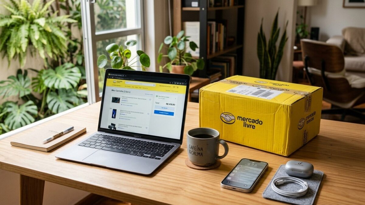 Mesa de escritório com notebook aberto no Mercado Livre ao lado de caixa amarela de entrega e acessórios