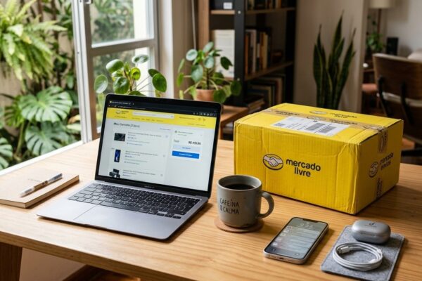 Mesa de escritório com notebook aberto no Mercado Livre ao lado de caixa amarela de entrega e acessórios