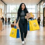 Consumidora segurando sacolas amarelas e caixas de entrega do Mercado Livre em compras de feriado