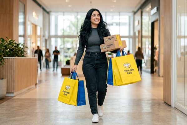 Consumidora segurando sacolas amarelas e caixas de entrega do Mercado Livre em compras de feriado