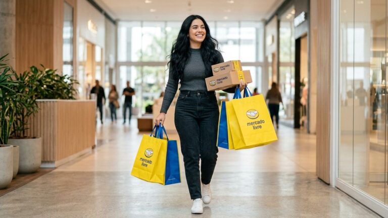 Consumidora segurando sacolas amarelas e caixas de entrega do Mercado Livre em compras de feriado