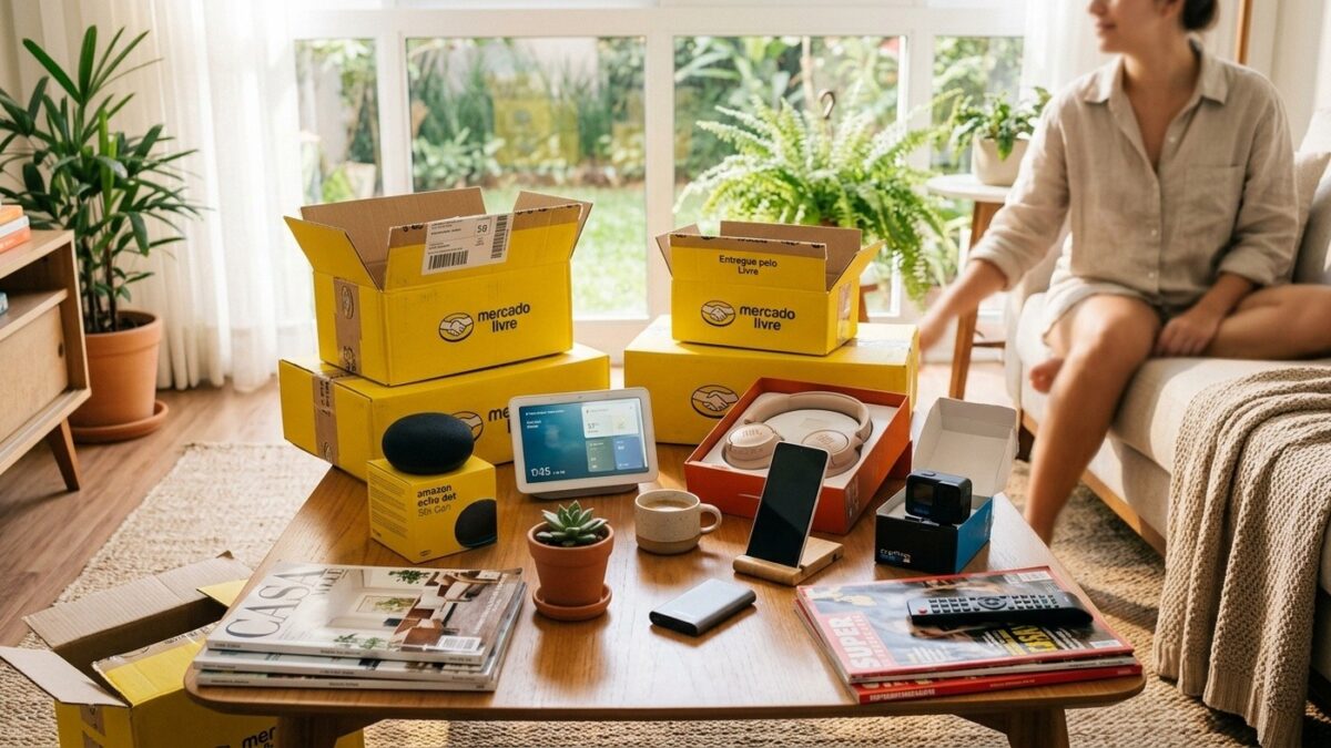 Sala de estar com caixas amarelas do Mercado Livre abertas sobre mesa com eletrônicos e gadgets