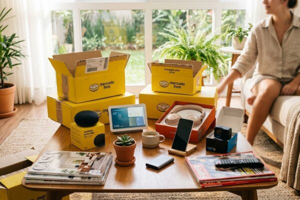 Sala de estar com caixas amarelas do Mercado Livre abertas sobre mesa com eletrônicos e gadgets